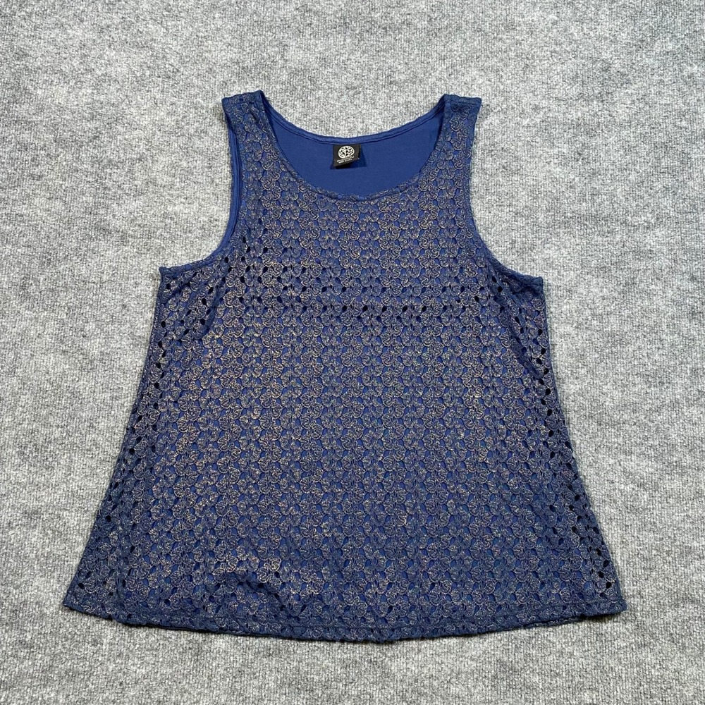 Bobeau Womens Navy Blue Gold Metallic Lace Overlay Tank Top Size L Made in USA
